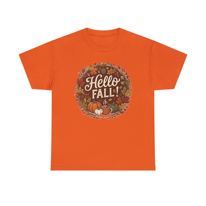 Hello Fall wreath Tee | Autumn pumpkins, leaves, cozy fall design