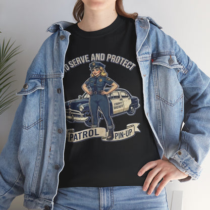 Patrol Pin-Up Policewoman T-Shirt | To Serve and Protect Vintage Car Design