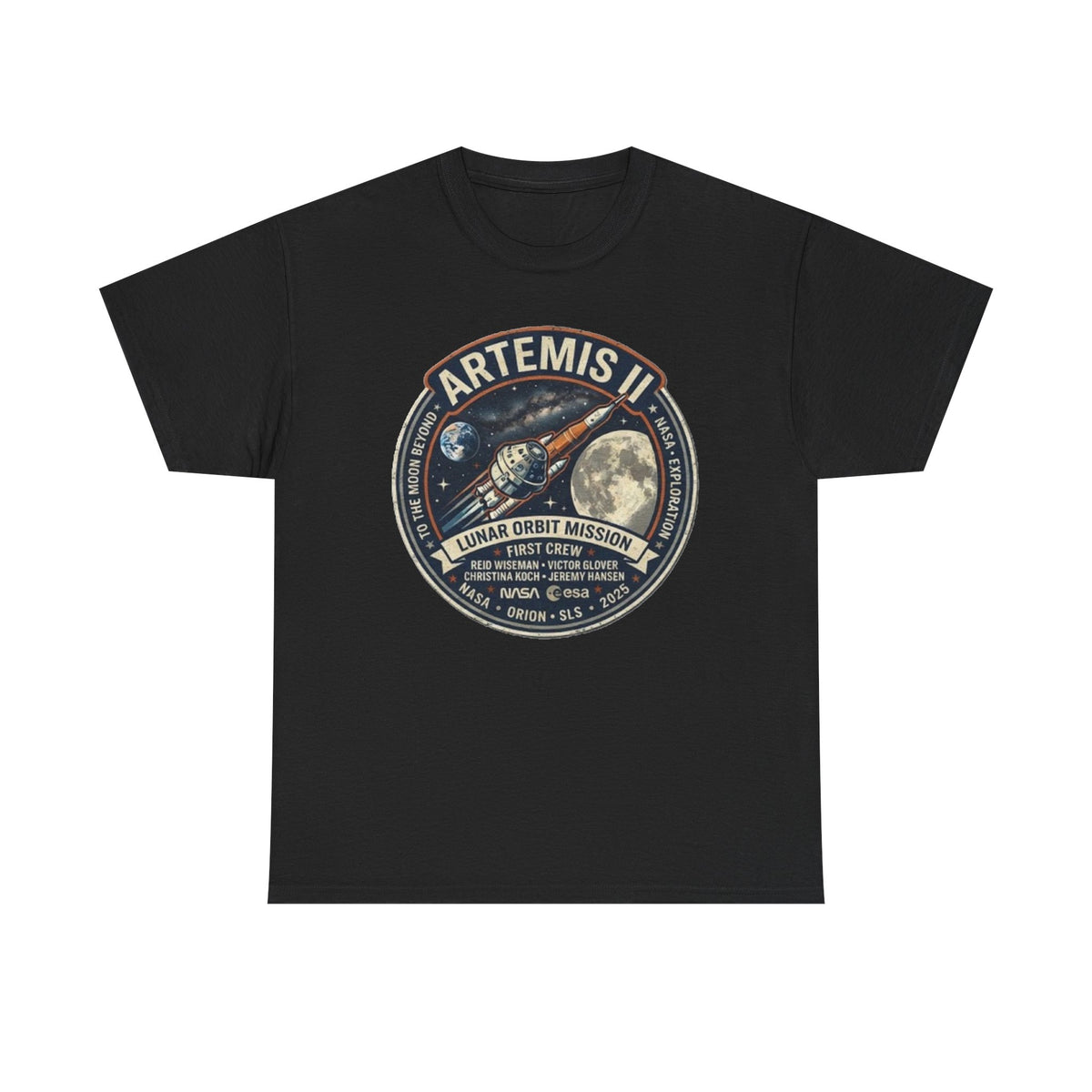 T-shirt de la mission Artemis II en orbite lunaire | Motif écusson fusée lunaire