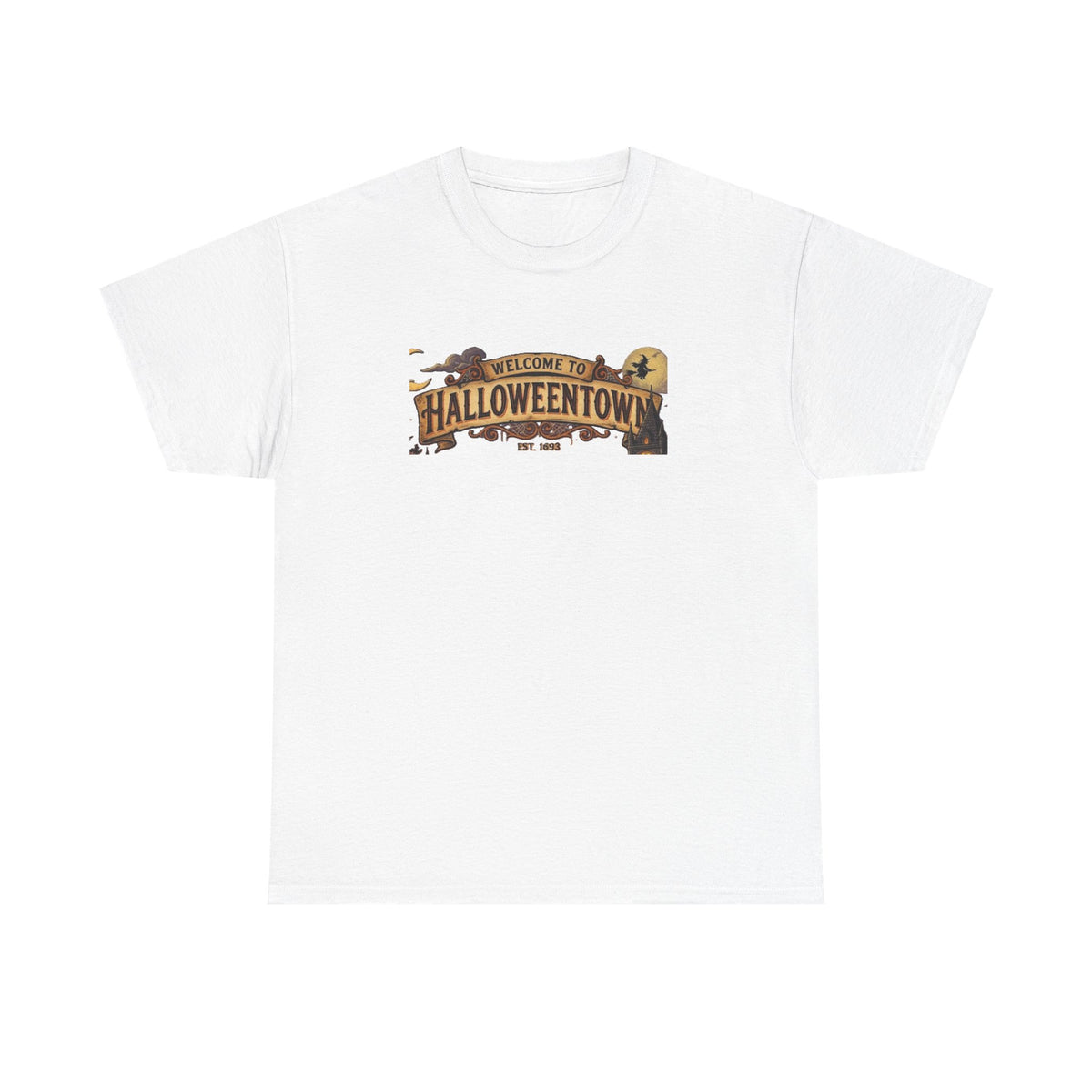 Halloweentown Illustration Double Sided T-Shirt | Spooky Village Nightscape