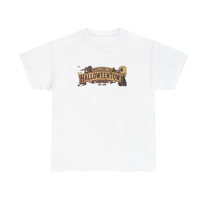 Halloweentown Illustration Double Sided T-Shirt | Spooky Village Nightscape