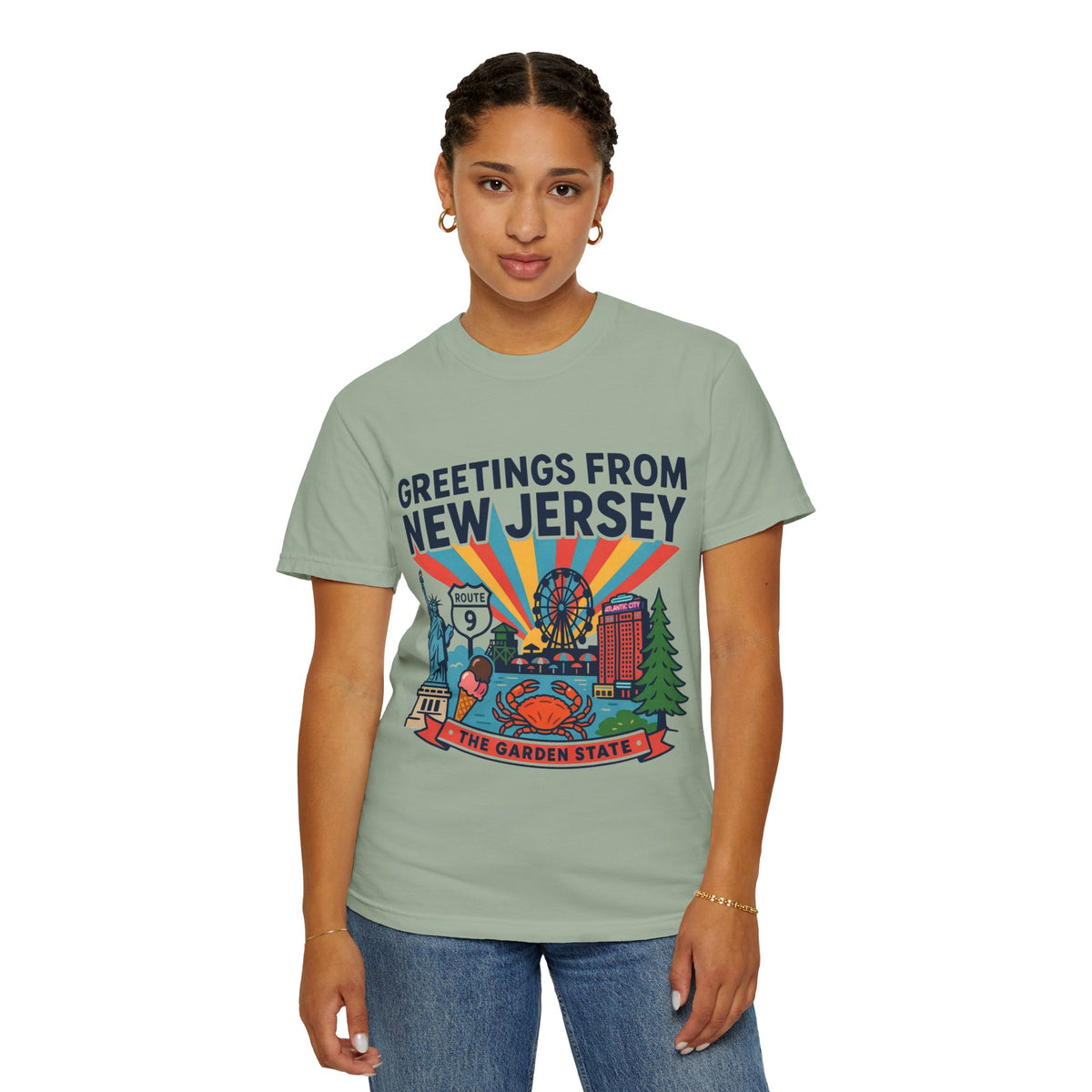 Camiseta «Saludos desde Nueva Jersey» | Diseño de postal del Estado Jardín de Nueva Jersey