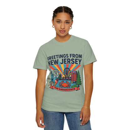 Camiseta «Saludos desde Nueva Jersey» | Diseño de postal del Estado Jardín de Nueva Jersey