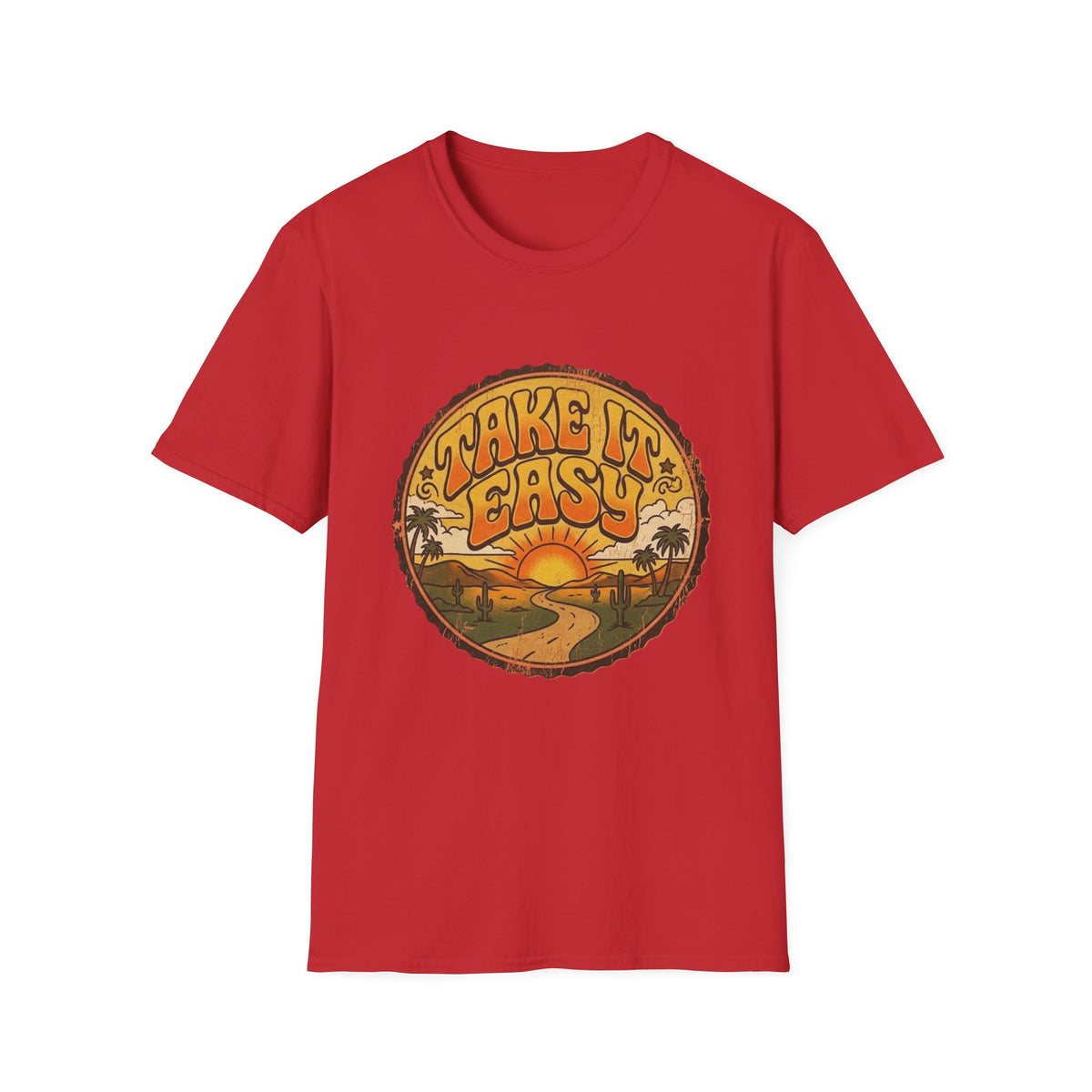 T-shirt Take It Easy sunset road | graphique rétro coucher de soleil et palmiers