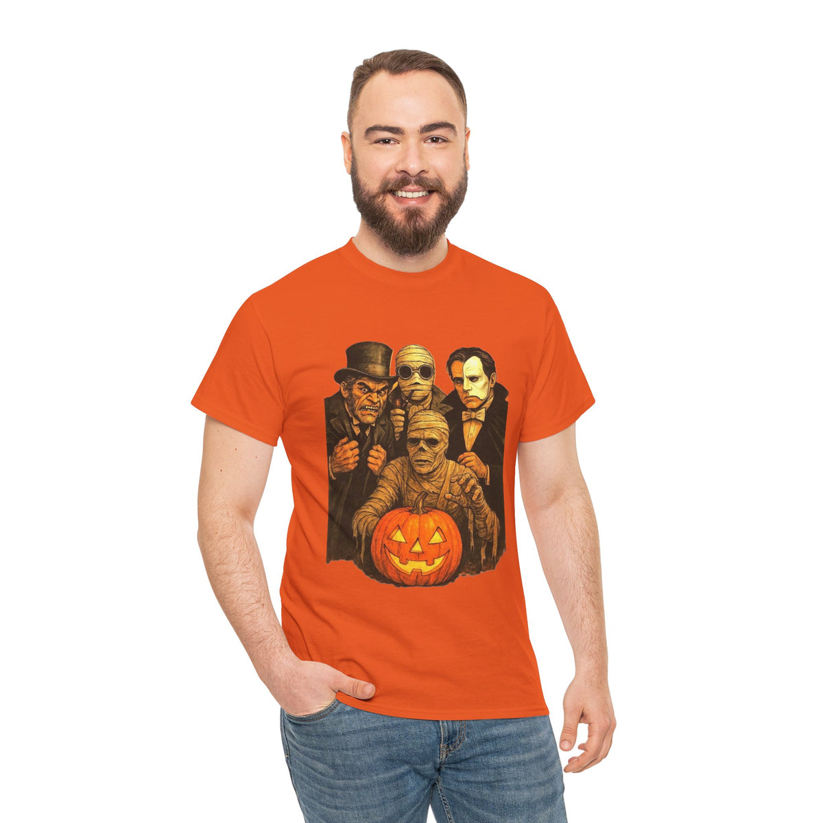 T-shirt Monstres classiques de l'horreur avec lanterne Jack-O'-Lantern | T-shirt équipe des monstres d'Halloween