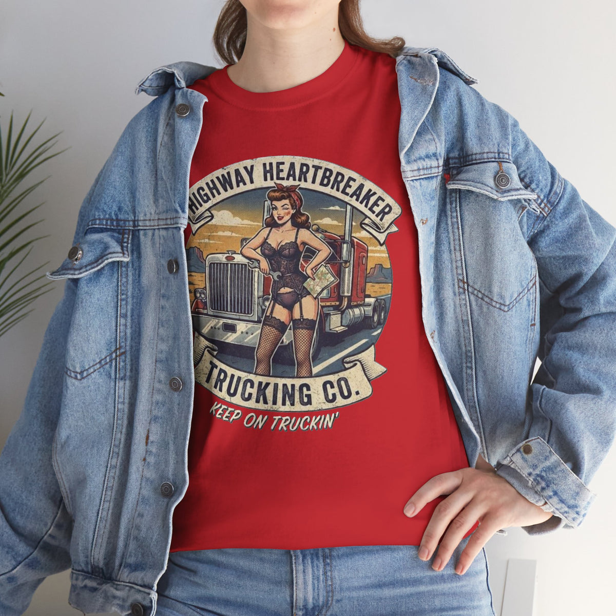 Highway Heartbreaker Trucking Co pinup girl T-Shirt | Trucker Rig Vintage Badge