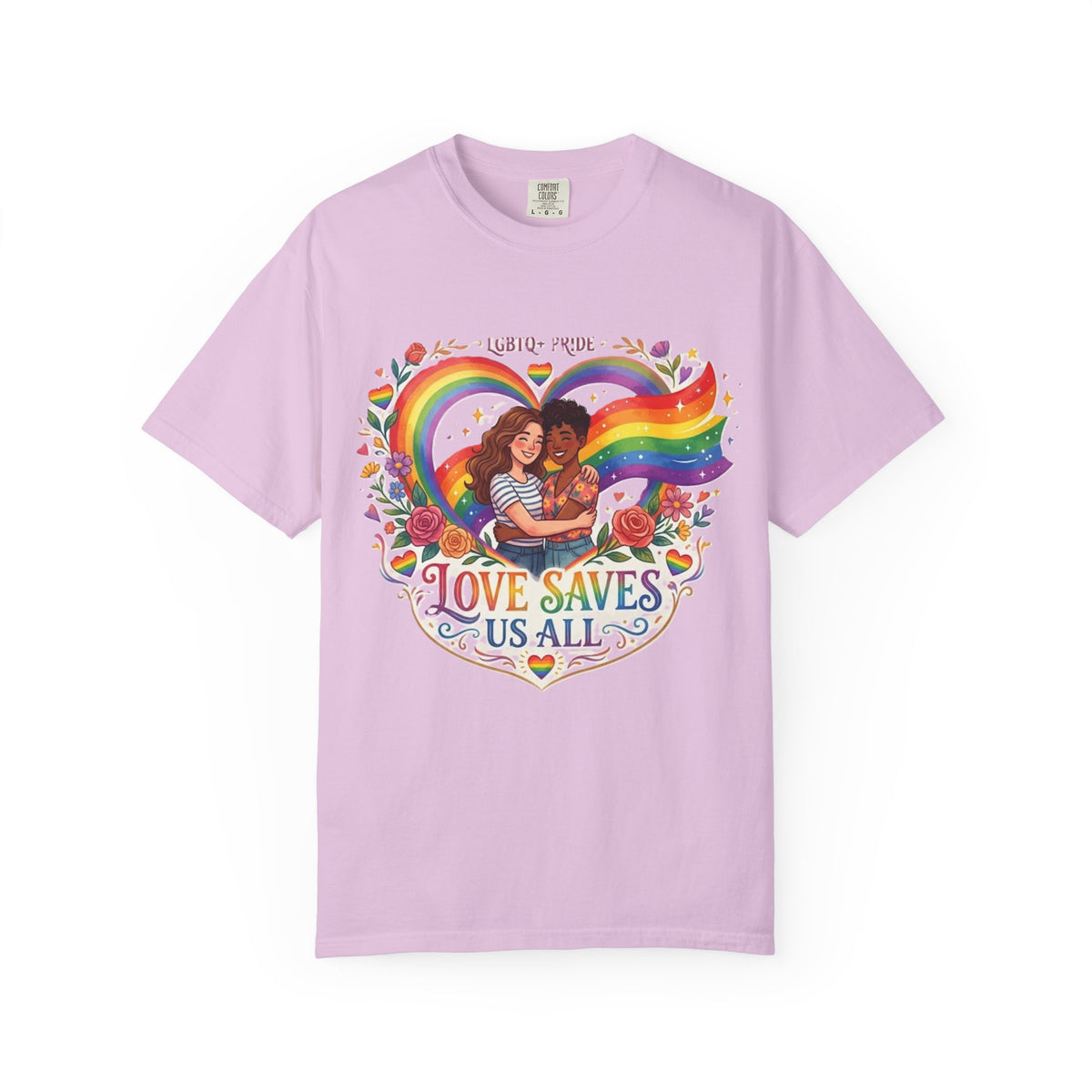 Love Saves Us All Rainbow heart LGBTQ Pride illustration T-Shirt | Pride queer couple design tee