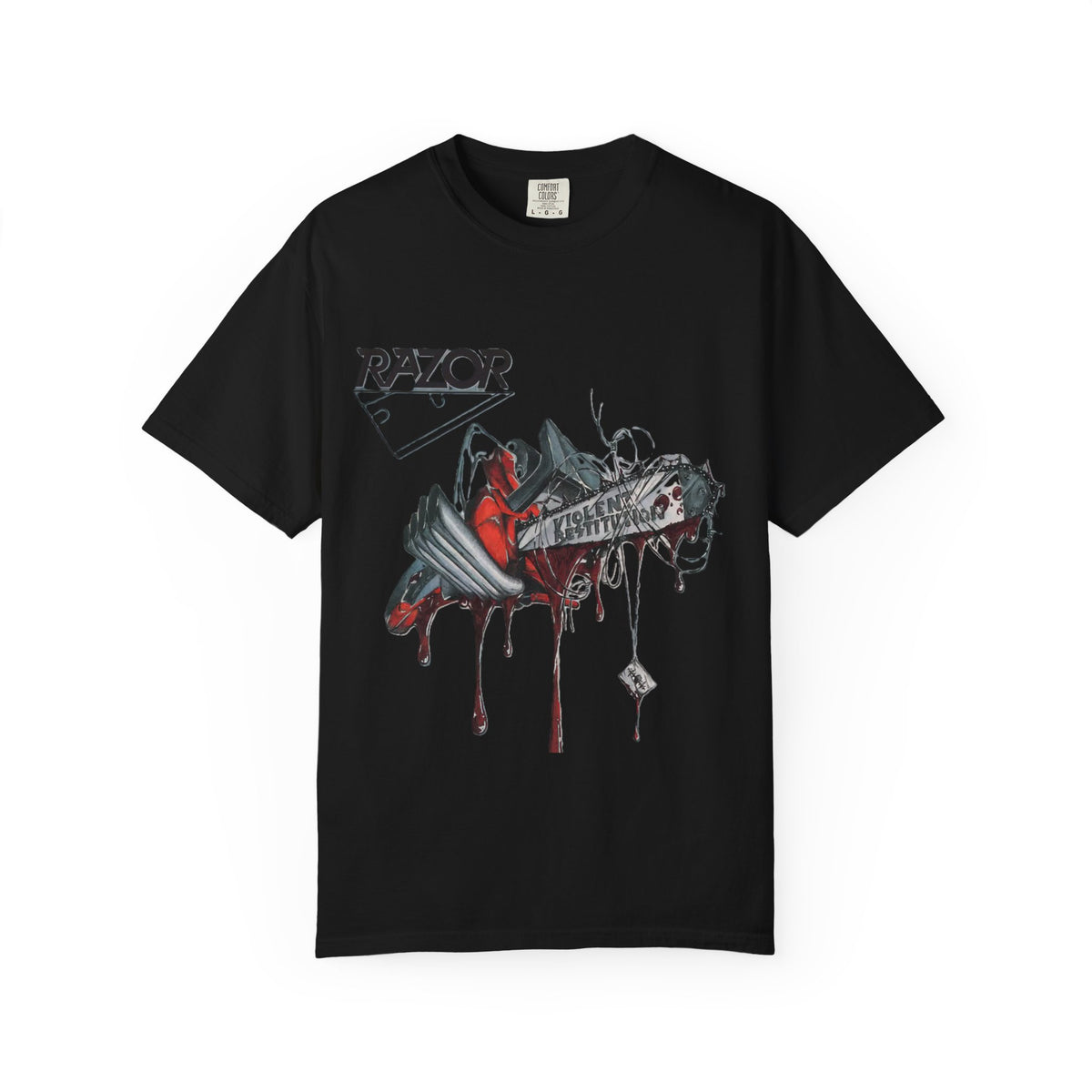 Camiseta de la banda de thrash metal Razor, diseño del álbum Violent Restitution con una motosierra goteando sangre
