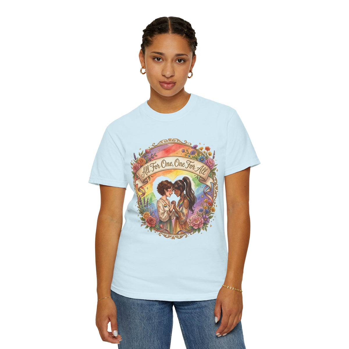 T-shirt Fierté LGBTQ « Tous pour un, un pour tous » | Illustration d'amour, motif de cœur floral