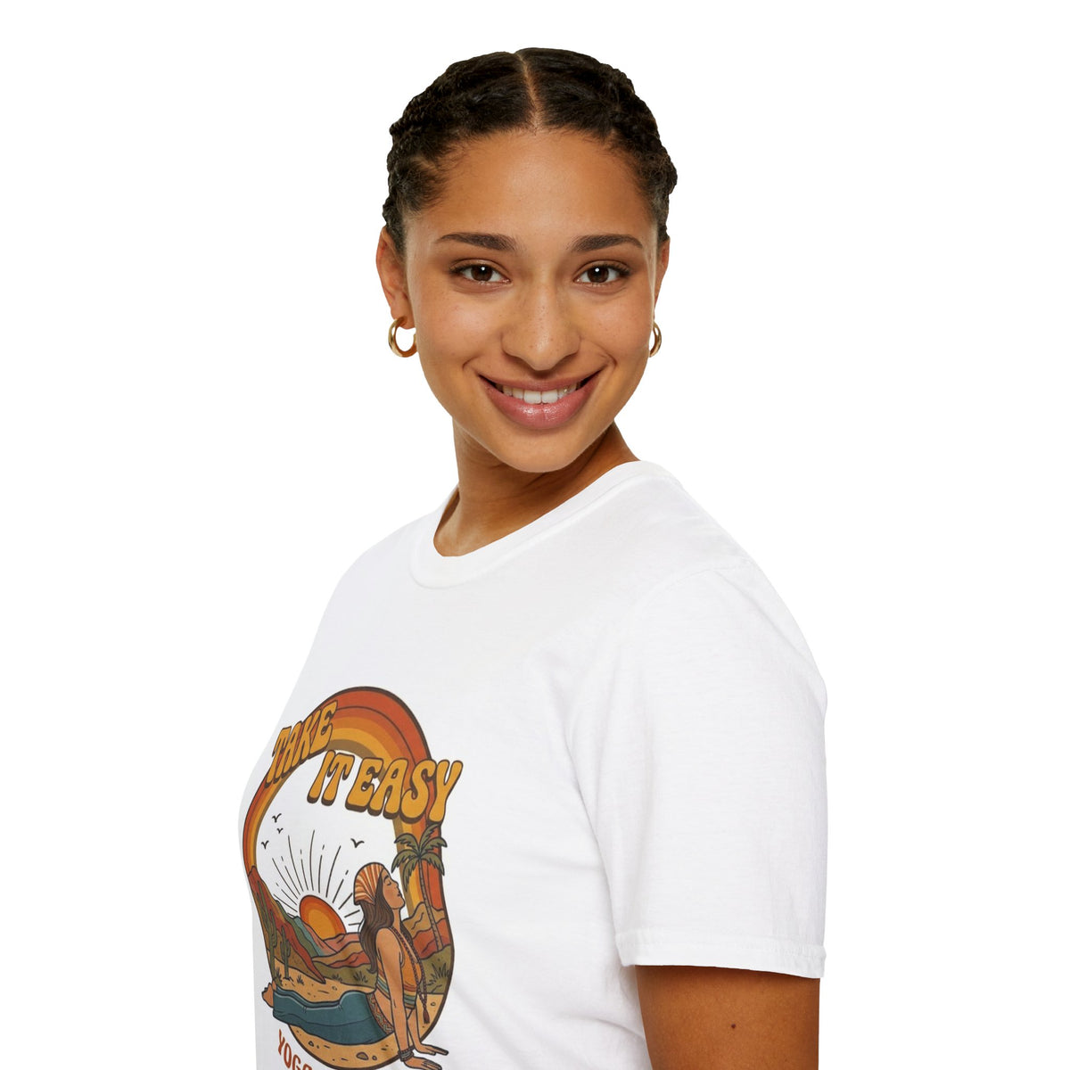 Take It Easy Yoga Student T-Shirt | Retro Sunset Surfing Pose