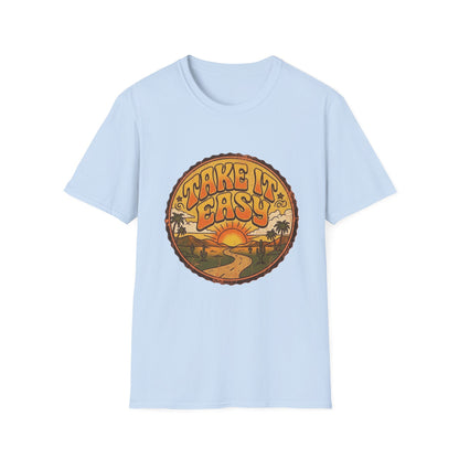 T-shirt Take It Easy sunset road | graphique rétro coucher de soleil et palmiers