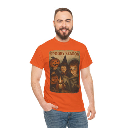 Camiseta gótica de novela de Halloween con bruja y calabaza de temporada espeluznante