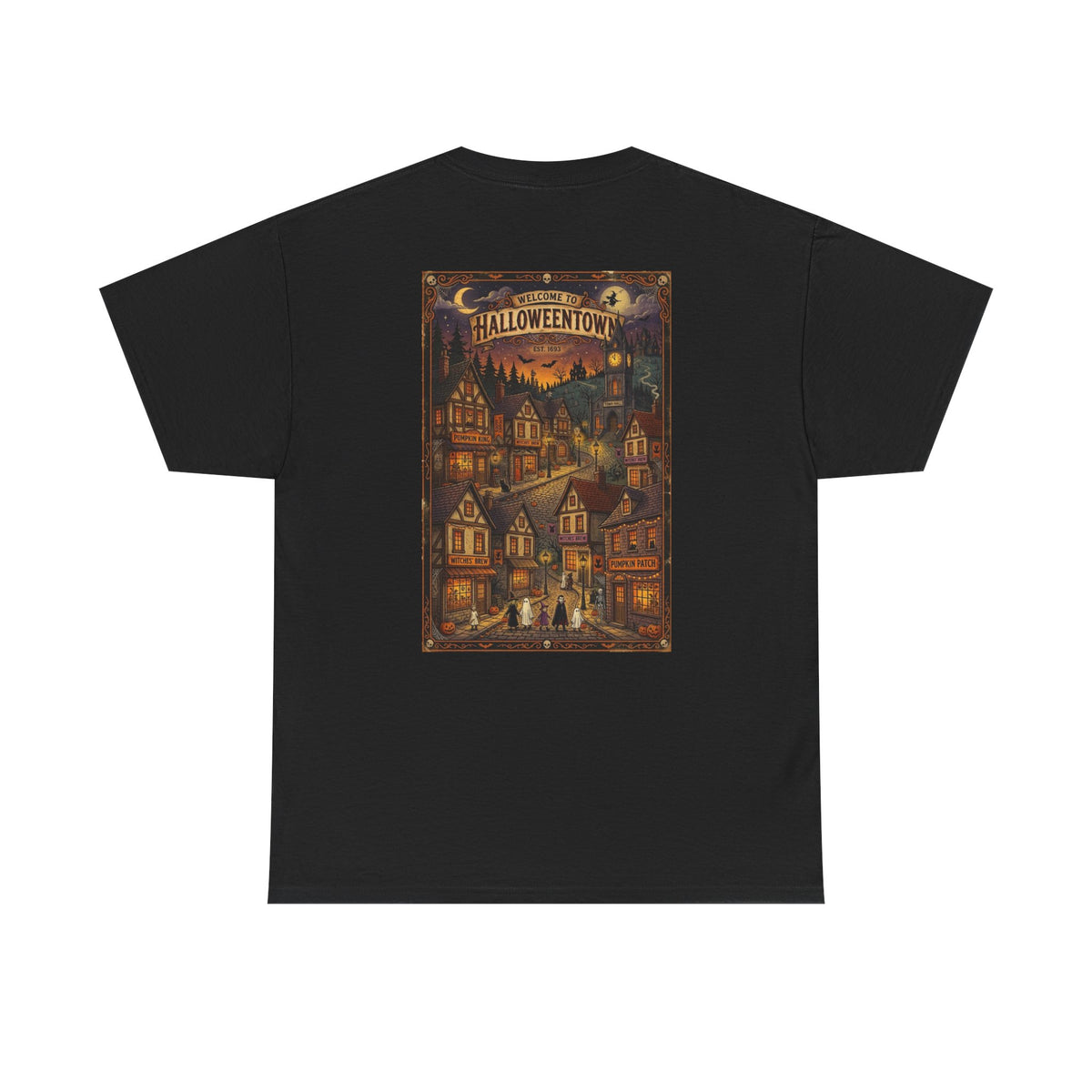 Halloweentown Illustration Double Sided T-Shirt | Spooky Village Nightscape