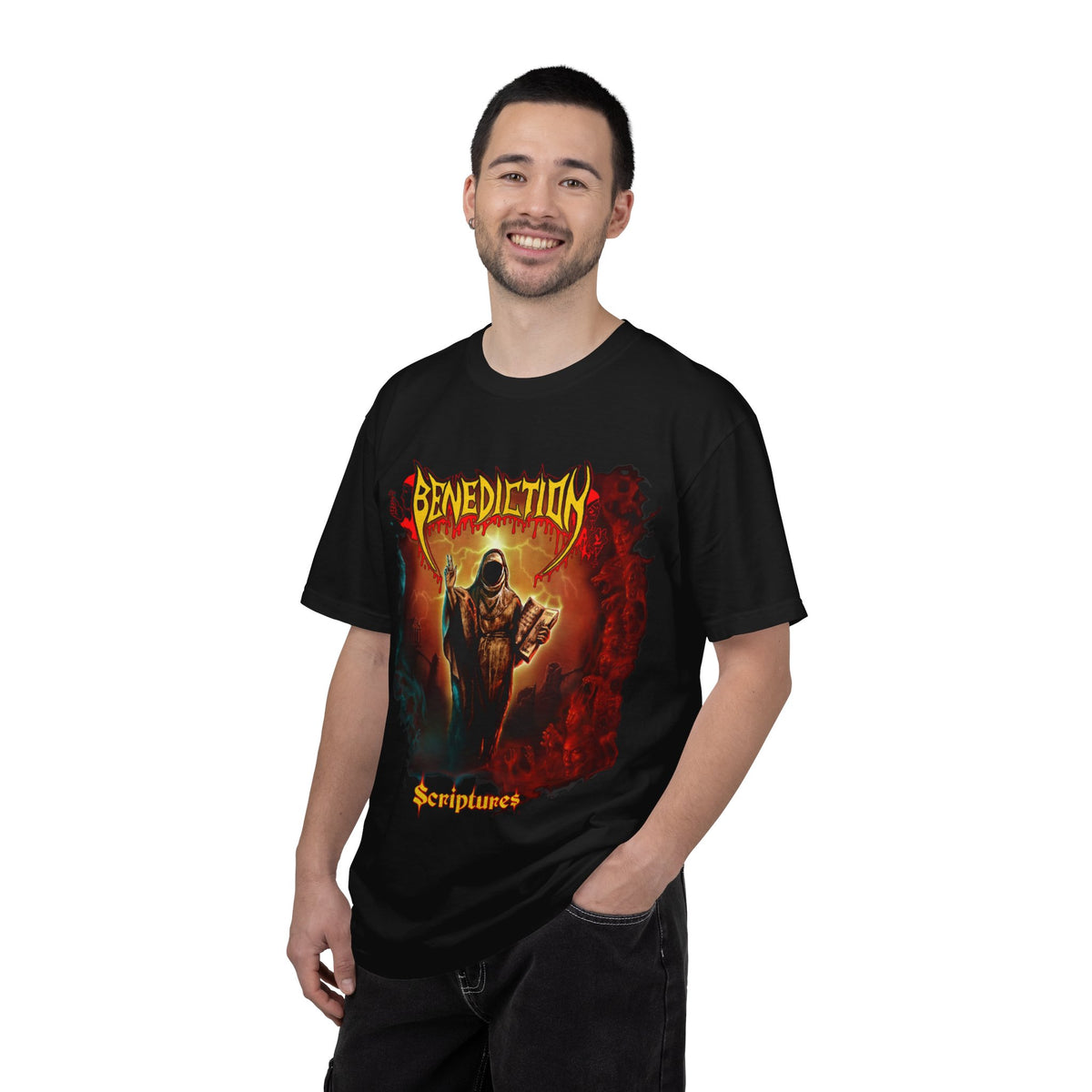 Illustration pour pochette d'album du groupe Benediction Scriptures | T-shirt au design death metal