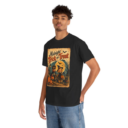 Camiseta de Halloween para niños "Midnight Trick-or-Treat" | Diseño vintage de gato y calabaza
