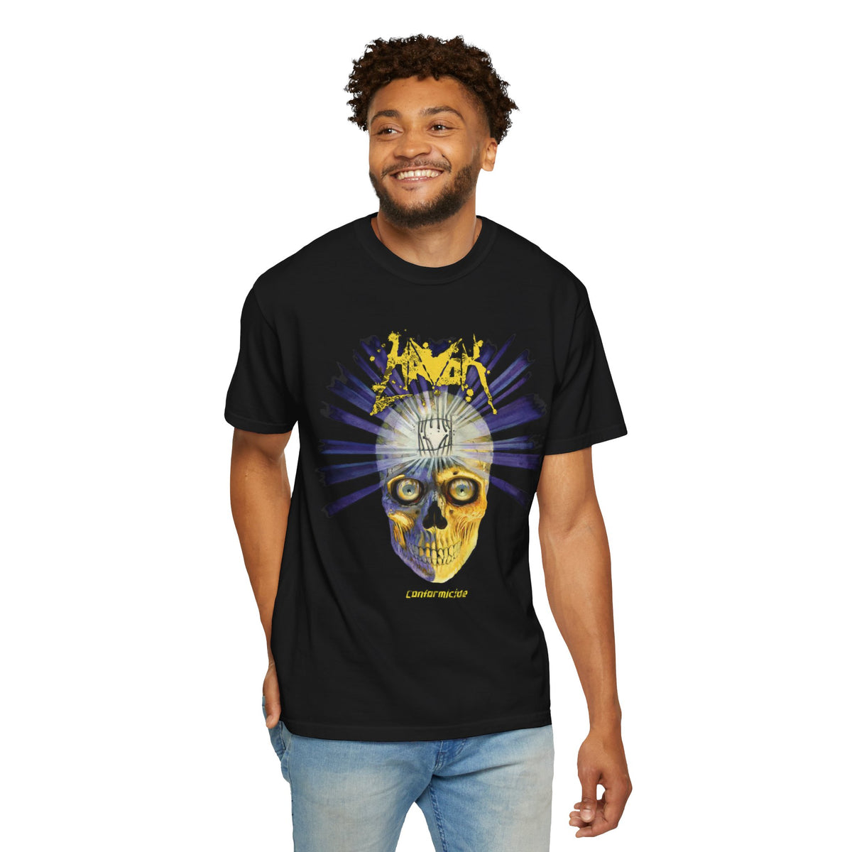 Camiseta Havok Conformicide Skull Sunburst Graphic | Arte de banda de thrash metal amarillo y azul