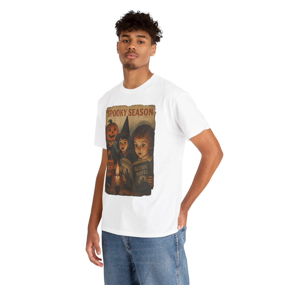 Camiseta gótica de novela de Halloween con bruja y calabaza de temporada espeluznante