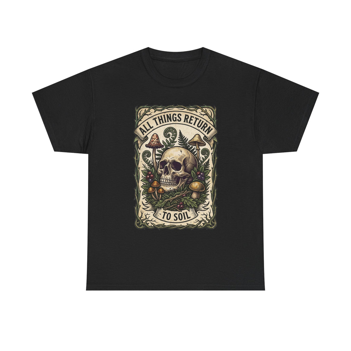 T-shirt tête de mort « All Things Return to Soil » | Motif champignons et botanique