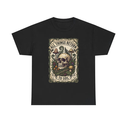 T-shirt tête de mort « All Things Return to Soil » | Motif champignons et botanique