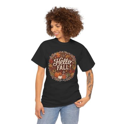 Hello Fall wreath Tee | Autumn pumpkins, leaves, cozy fall design