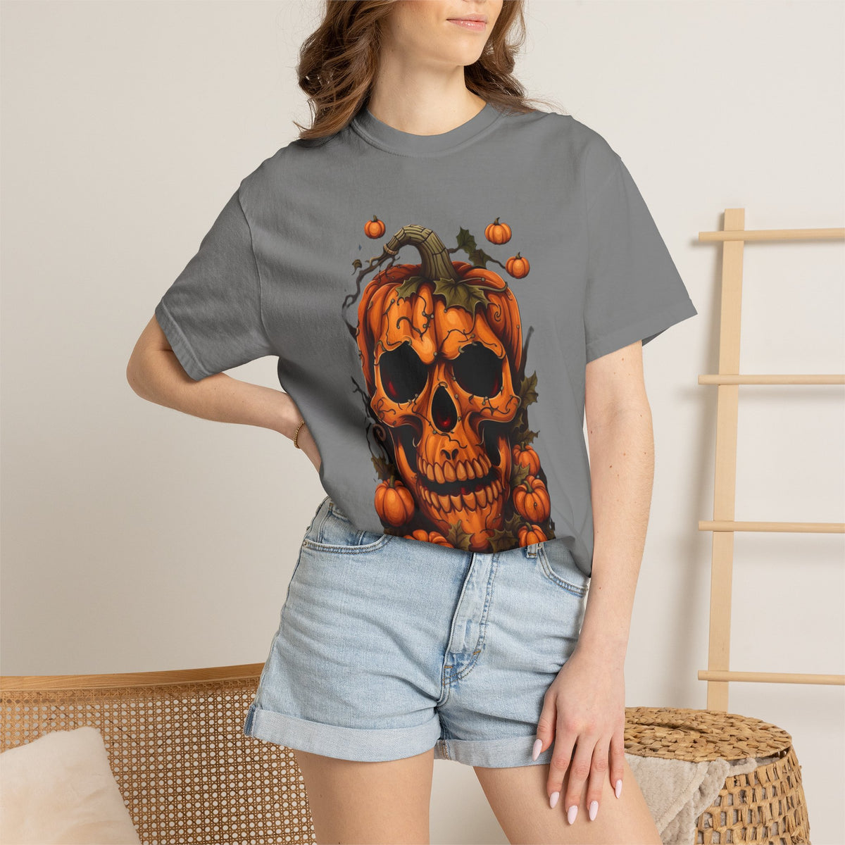 T-shirt tête de citrouille | Tee-shirt tête de mort citrouille, design citrouille d'Halloween