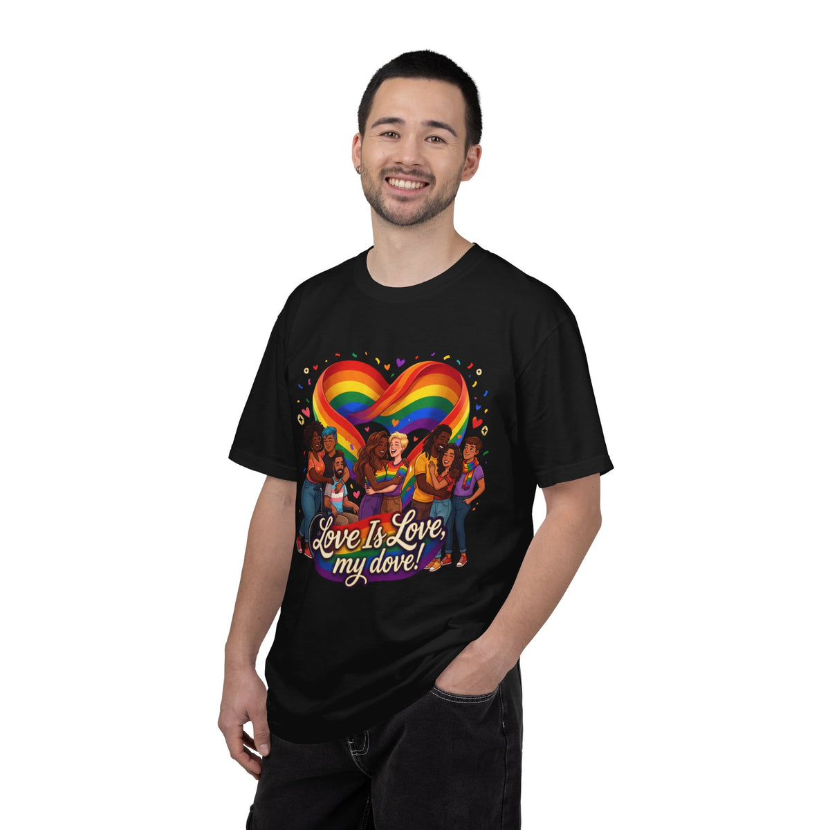 T-shirt LGBTQ cœur arc-en-ciel Love Is Love | T-shirt avec illustration de fierté LGBTQ pour couples diversifiés
