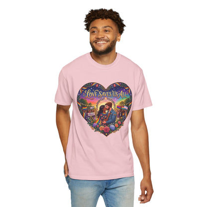 Love Saves Us All heart illustration LGBTQ T-shirt | Romantic couple, colorful sunset graphic scene tee