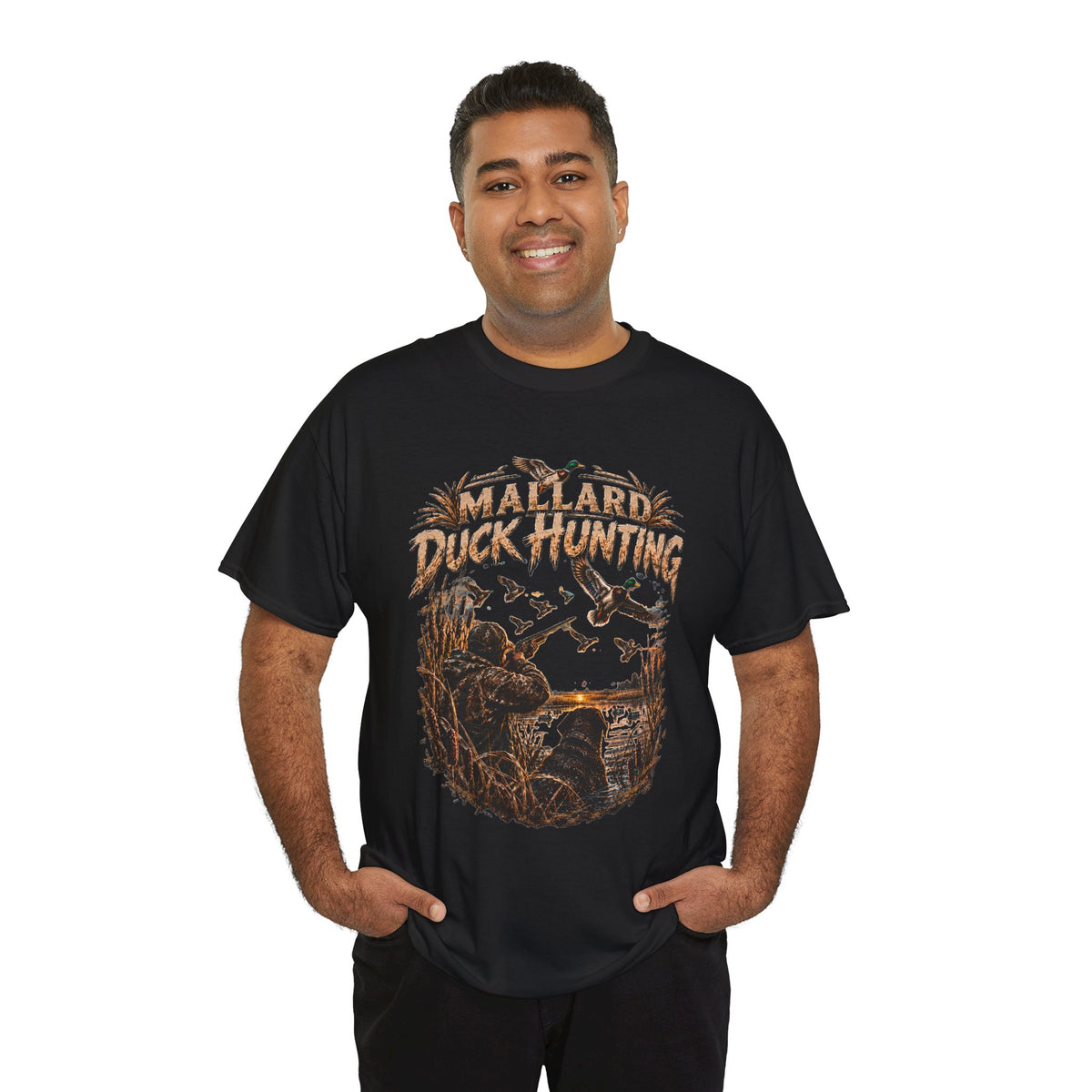 Camiseta de caza de pato azulón | Escena vintage de aves acuáticas, silueta de pantano