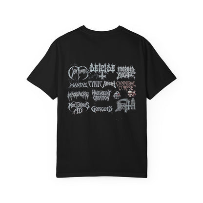 Camiseta de doble cara Death Metal No Compromise | Camiseta con collage de logotipos de bandas de Death Metal de Florida