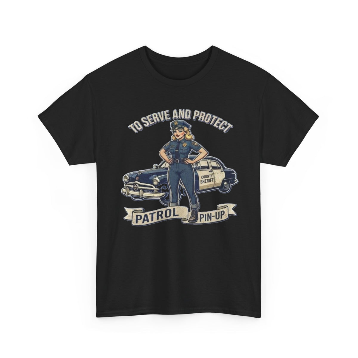 Patrol Pin-Up Policewoman T-Shirt | To Serve and Protect Vintage Car Design