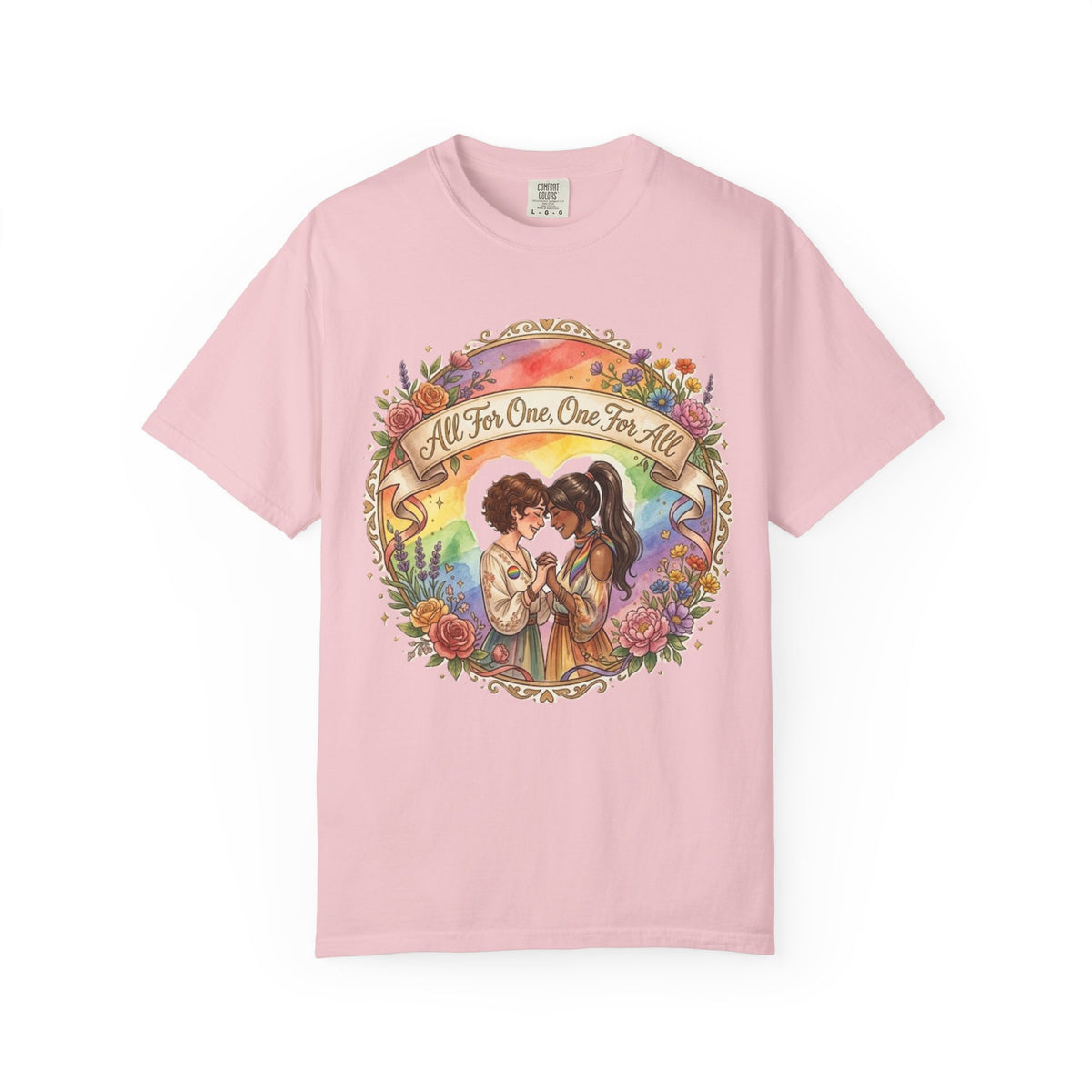 T-shirt Fierté LGBTQ « Tous pour un, un pour tous » | Illustration d'amour, motif de cœur floral