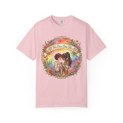 T-shirt Fierté LGBTQ « Tous pour un, un pour tous » | Illustration d'amour, motif de cœur floral