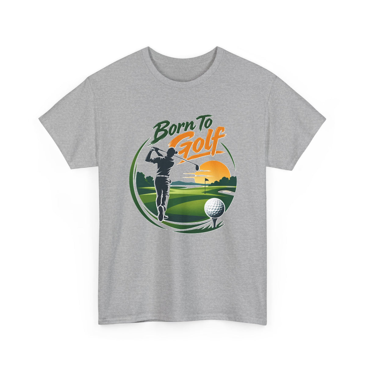 Camiseta Nacido para el golf | Silueta de golfista, escena de campo al atardecer