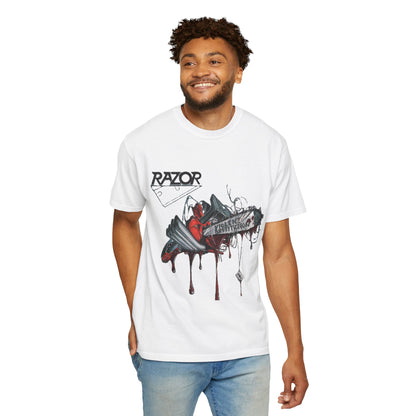 Camiseta de la banda de thrash metal Razor, diseño del álbum Violent Restitution con una motosierra goteando sangre