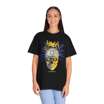 Camiseta Havok Conformicide Skull Sunburst Graphic | Arte de banda de thrash metal amarillo y azul