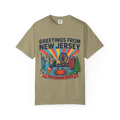 Camiseta «Saludos desde Nueva Jersey» | Diseño de postal del Estado Jardín de Nueva Jersey