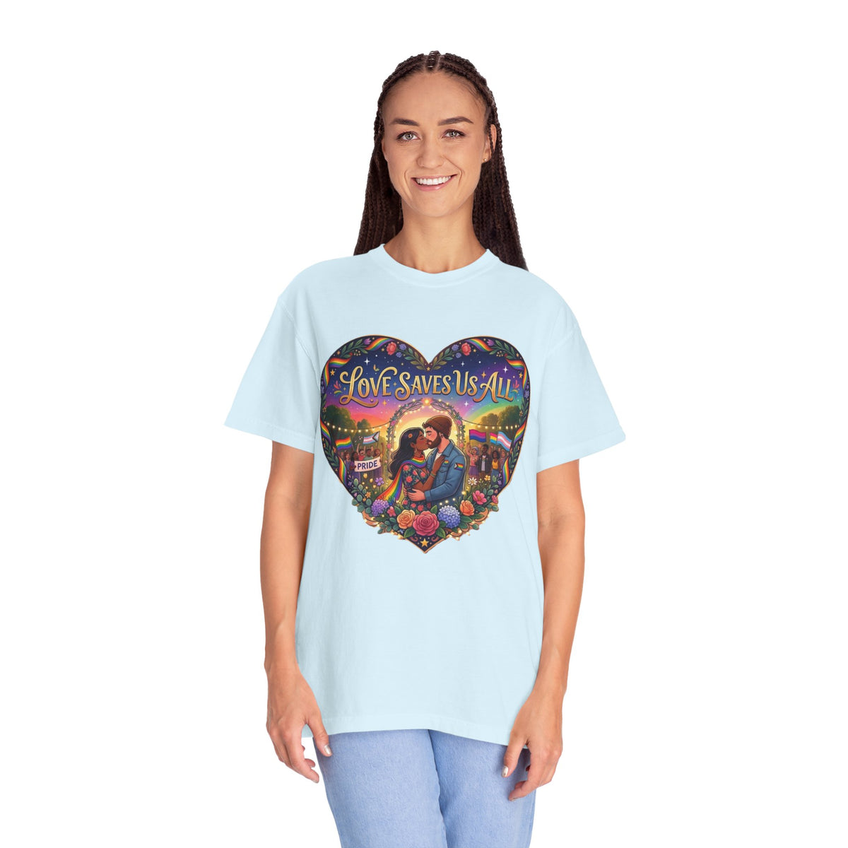 Love Saves Us All heart illustration LGBTQ T-shirt | Romantic couple, colorful sunset graphic scene tee
