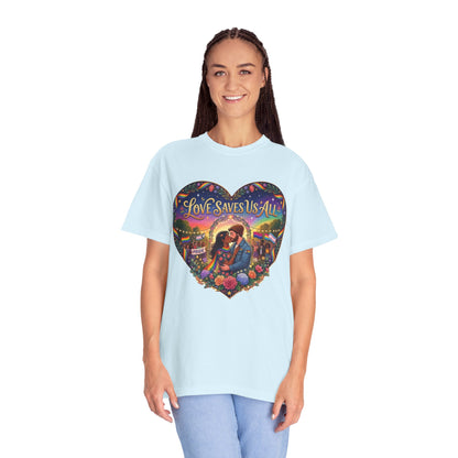 Love Saves Us All heart illustration LGBTQ T-shirt | Romantic couple, colorful sunset graphic scene tee