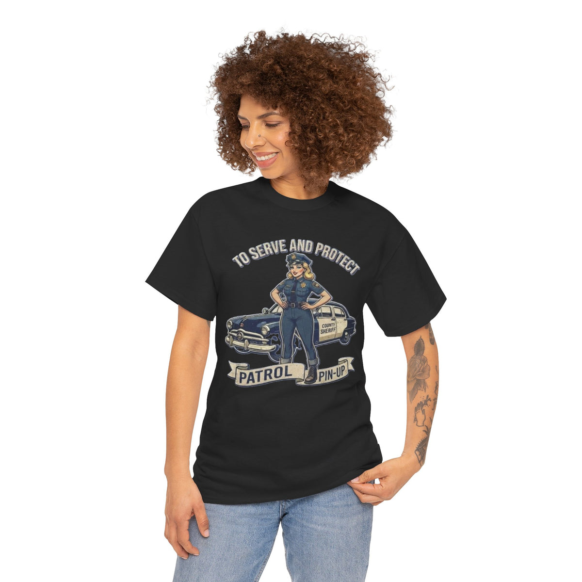Patrol Pin-Up Policewoman T-Shirt | To Serve and Protect Vintage Car Design