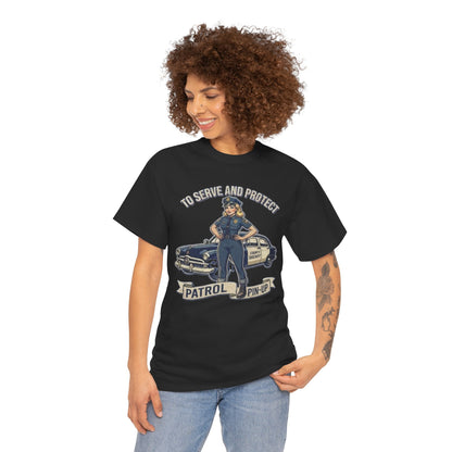Patrol Pin-Up Policewoman T-Shirt | To Serve and Protect Vintage Car Design