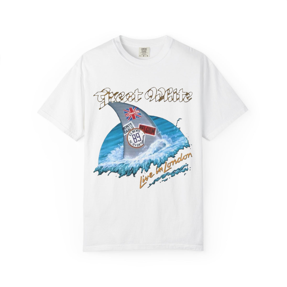 Great White Live in London Shark Surf Wave T-shirt | Live in London 1989 Vintage Tour Tee