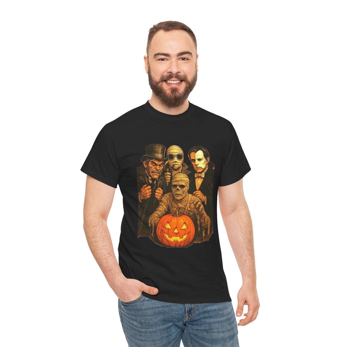 T-shirt Monstres classiques de l'horreur avec lanterne Jack-O'-Lantern | T-shirt équipe des monstres d'Halloween