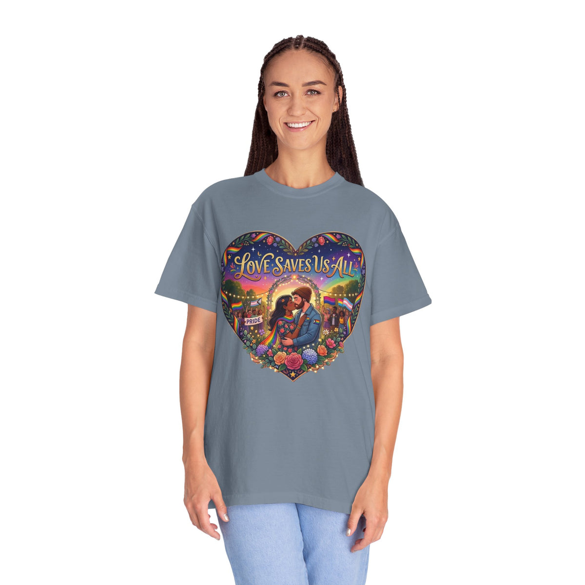 Love Saves Us All heart illustration LGBTQ T-shirt | Romantic couple, colorful sunset graphic scene tee