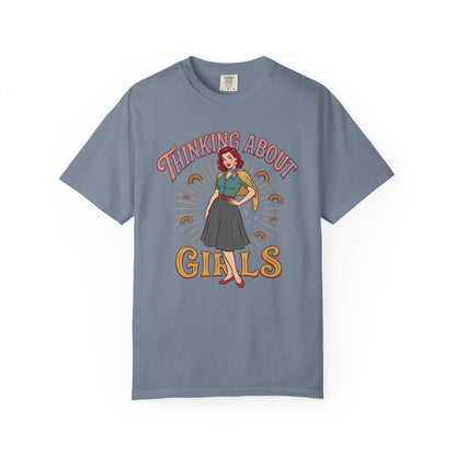 T-shirt style pin-up fierté LGBTQ Thinking About Girls | T-shirt avec illustration rétro