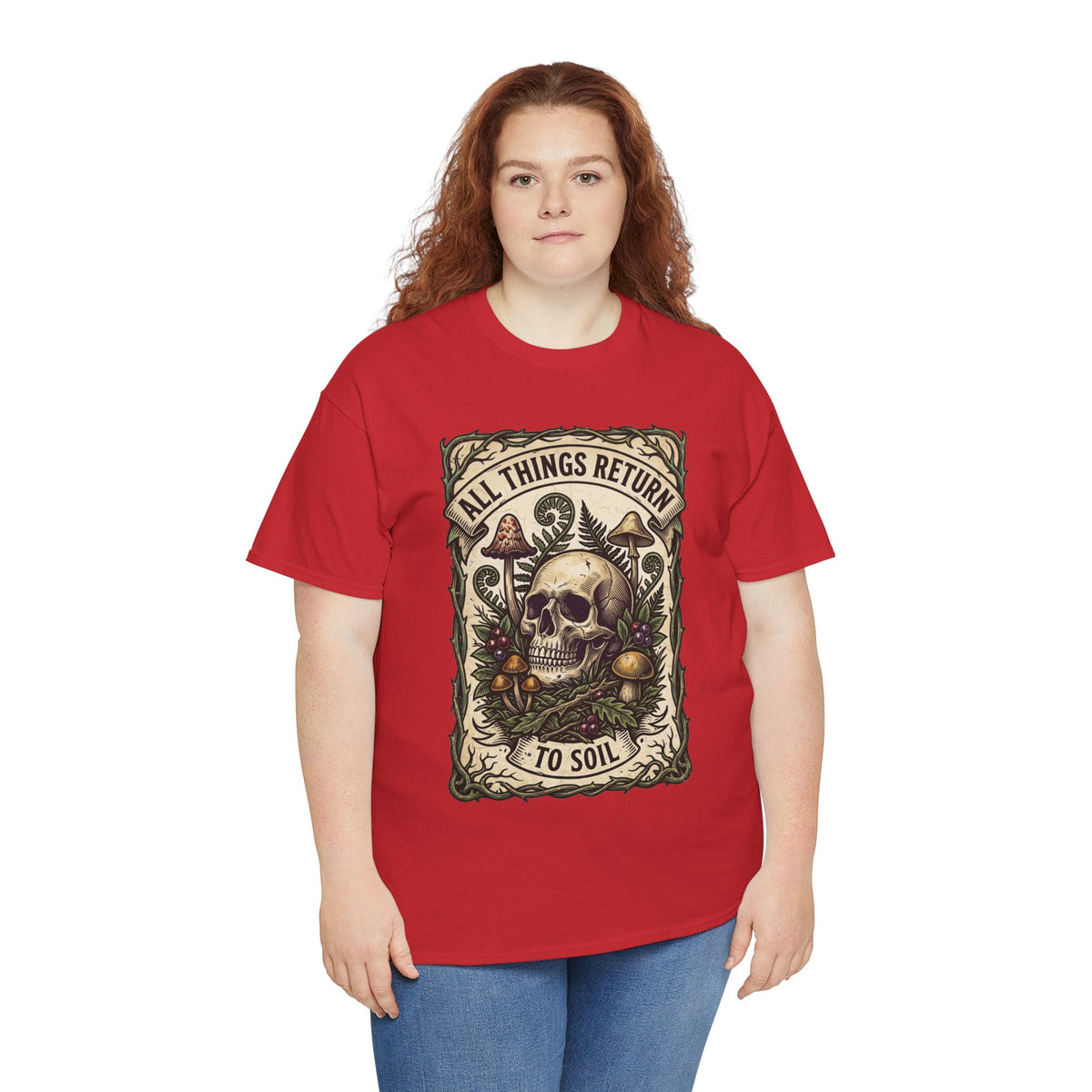 T-shirt tête de mort « All Things Return to Soil » | Motif champignons et botanique