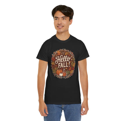 Hello Fall wreath Tee | Autumn pumpkins, leaves, cozy fall design