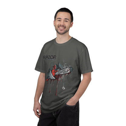 Camiseta de la banda de thrash metal Razor, diseño del álbum Violent Restitution con una motosierra goteando sangre