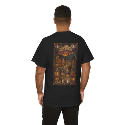 Halloweentown Illustration Double Sided T-Shirt | Spooky Village Nightscape