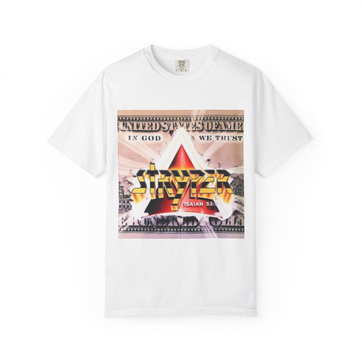 Stryper In God We Trust Album Artwork Graphic T-shirt | Retro Hard Rock Band Collage Tee