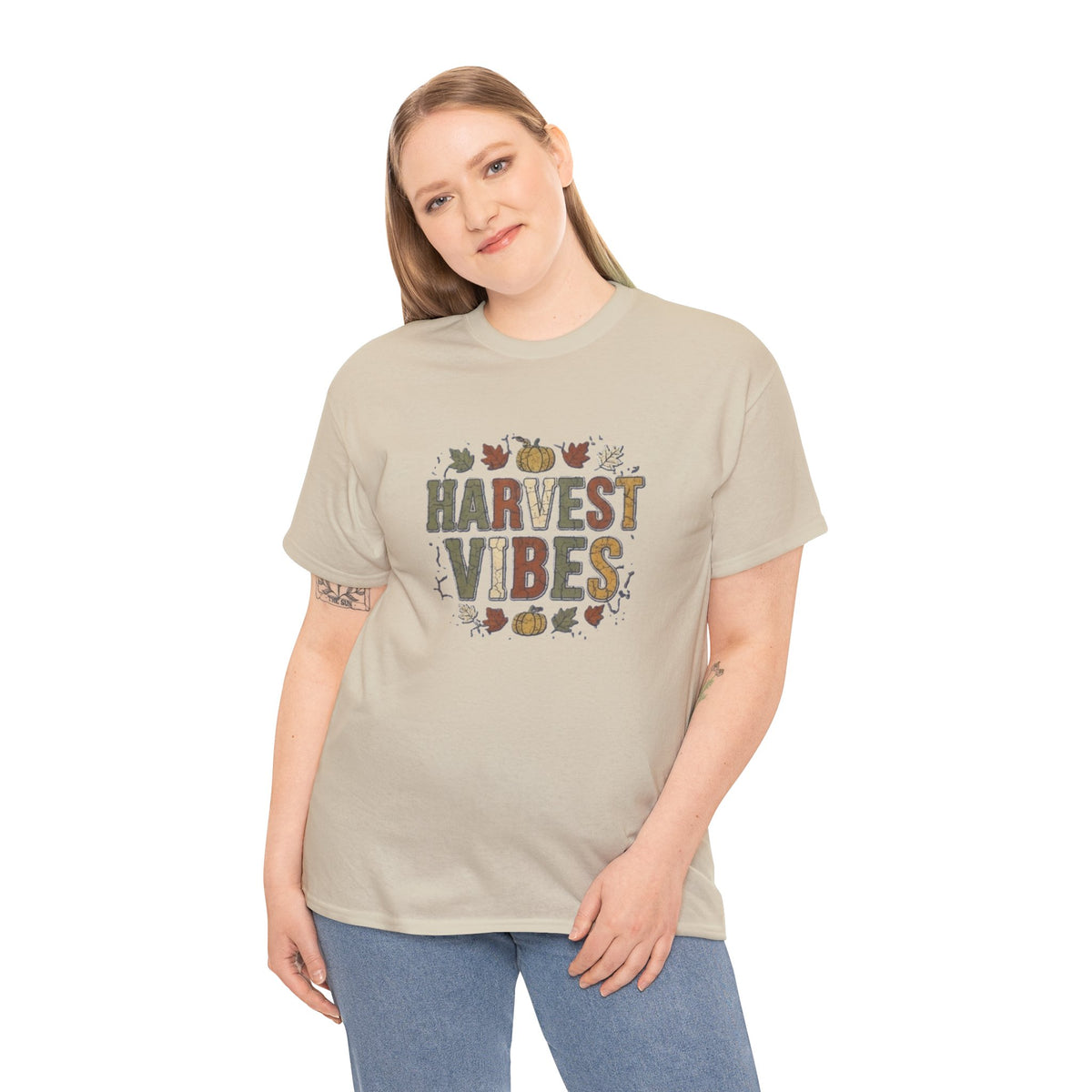 T-shirt "Harvest Vibes" | Haut à typographie automnale avec citrouilles et feuilles d'automne
